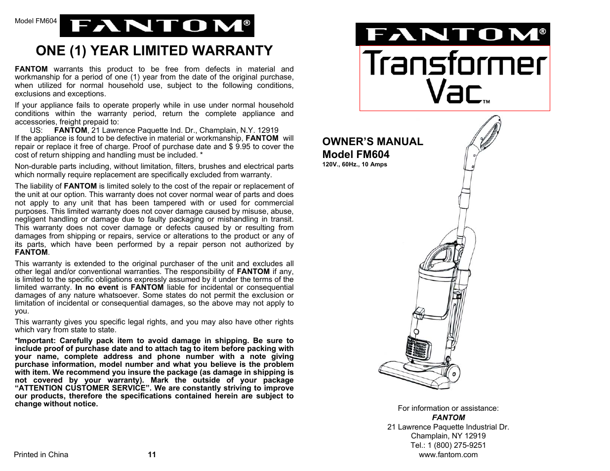 Fantom Vacuum TRANSFORMER VAC FM604 User Manual | 6 pages