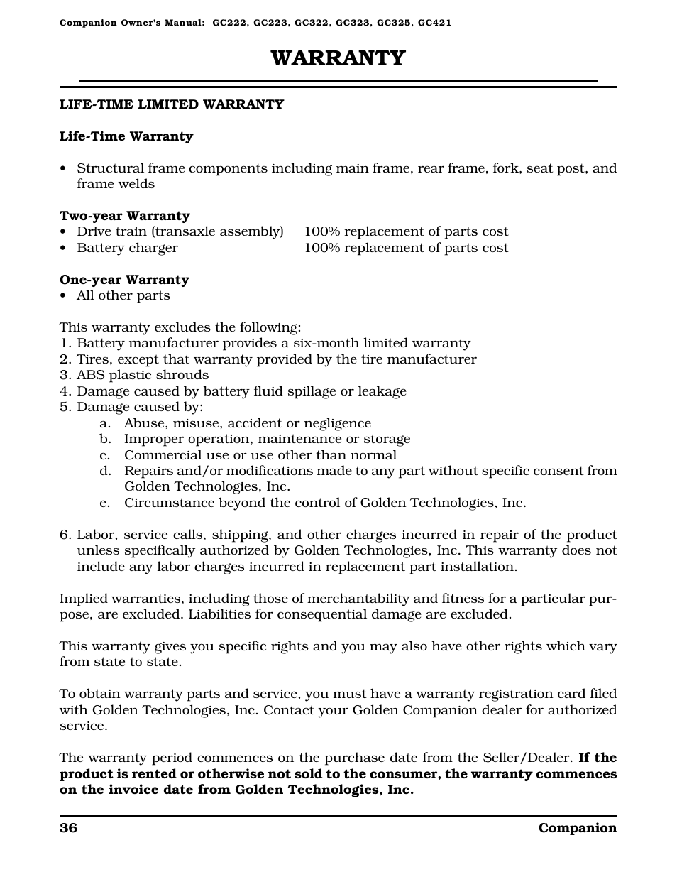 Warranty | Golden Technologies Companion II User Manual | Page 38 / 41