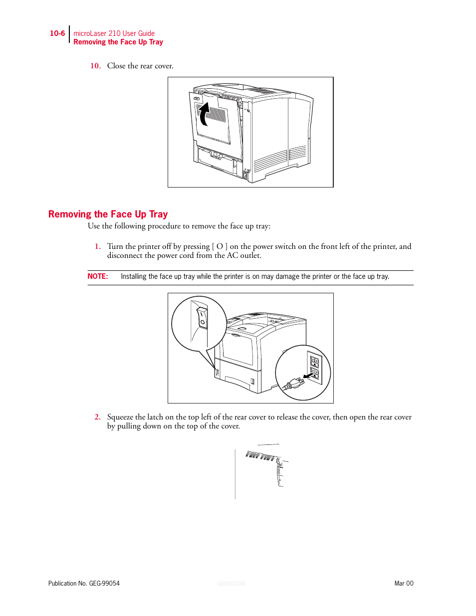 Removing the face up tray, Removing the face up tray 10-6 | Genicom microLaser 210 User Manual | Page 196 / 212