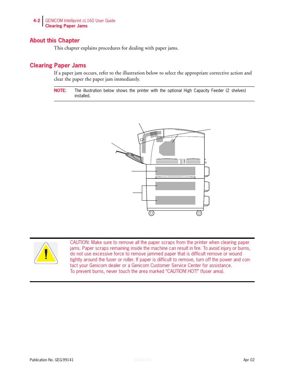 About this chapter, Clearing paper jams, Clearing paper jams 4-2 | Genicom cL160 User Manual | Page 102 / 216