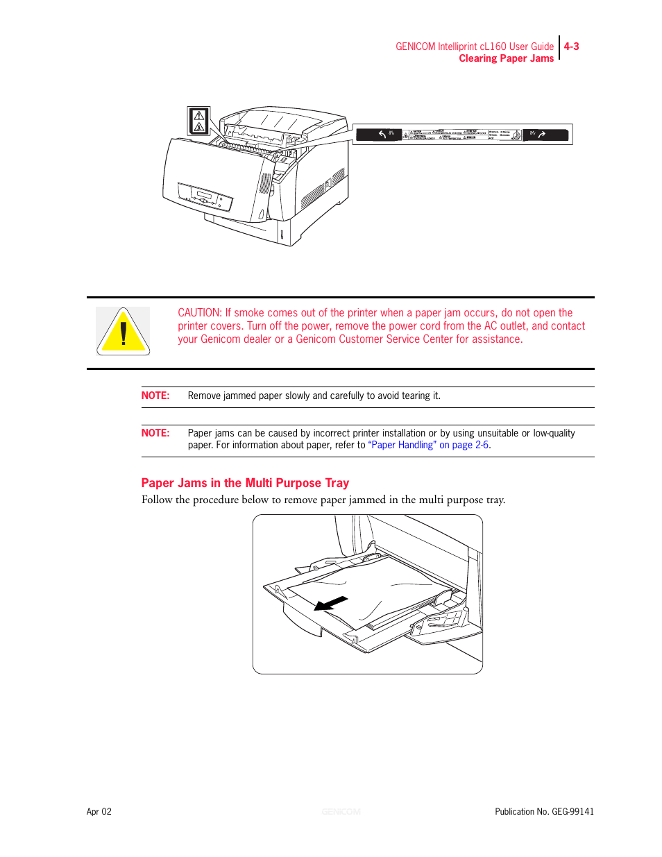 Paper jams in the multi purpose tray 4-3 | Genicom cL160 User Manual | Page 103 / 216