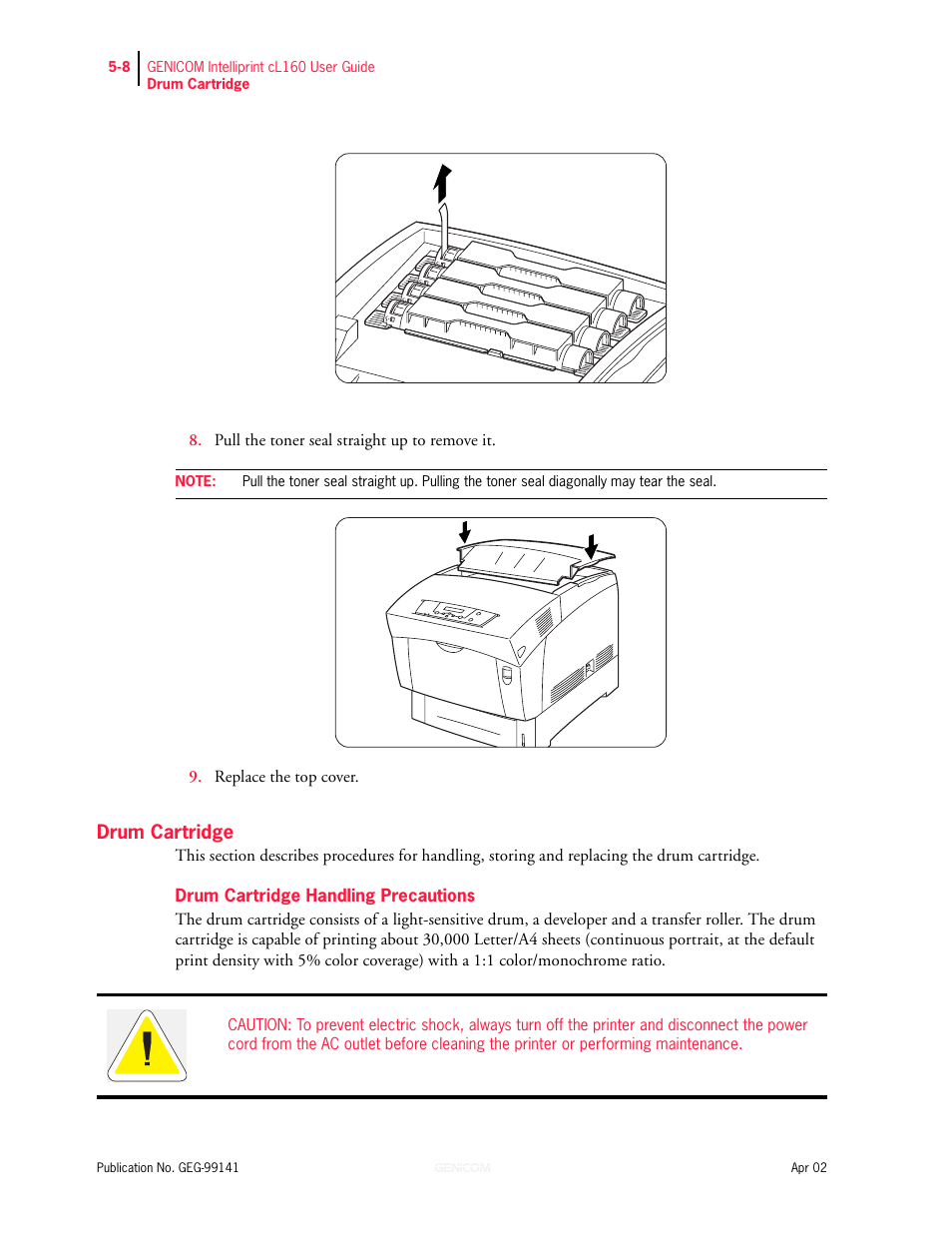 Drum cartridge, Drum cartridge 5-8, Drum cartridge handling precautions 5-8 | Genicom cL160 User Manual | Page 120 / 216