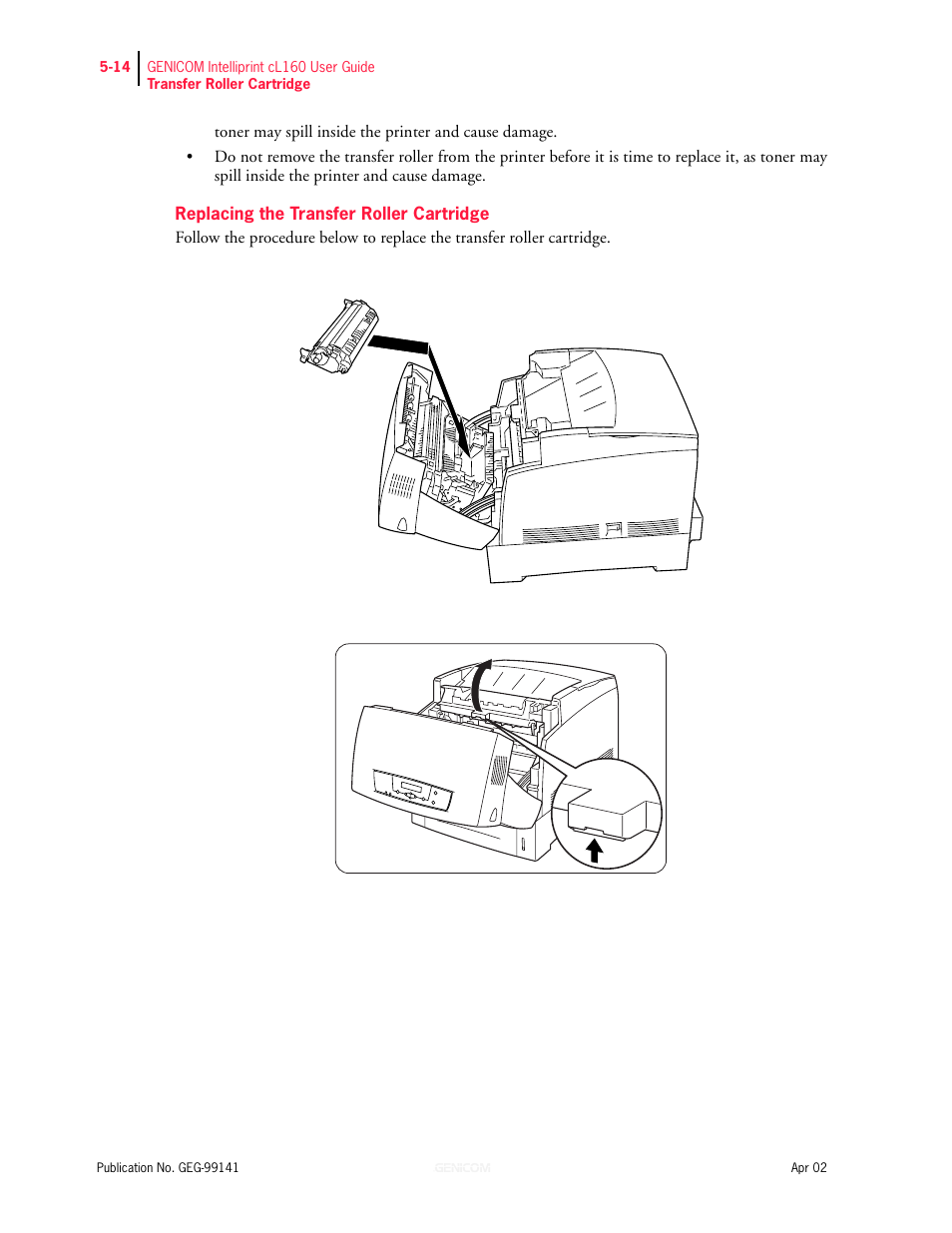 Replacing the transfer roller cartridge 5-14 | Genicom cL160 User Manual | Page 126 / 216