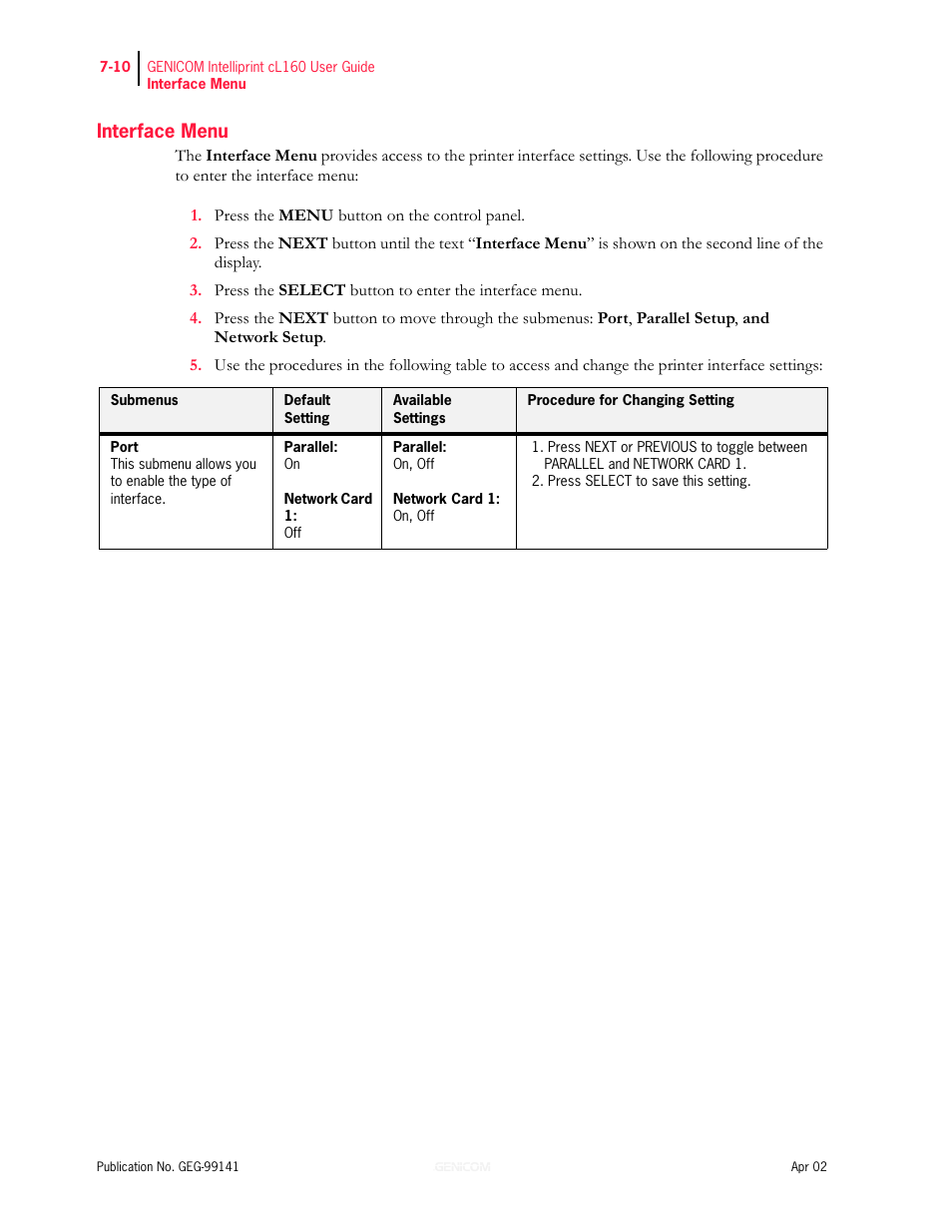 Interface menu, Interface menu 7-10 | Genicom cL160 User Manual | Page 160 / 216