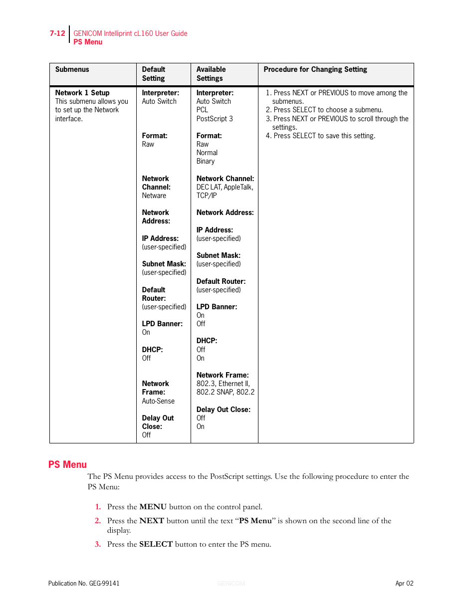 Ps menu, Ps menu 7-12 | Genicom cL160 User Manual | Page 162 / 216