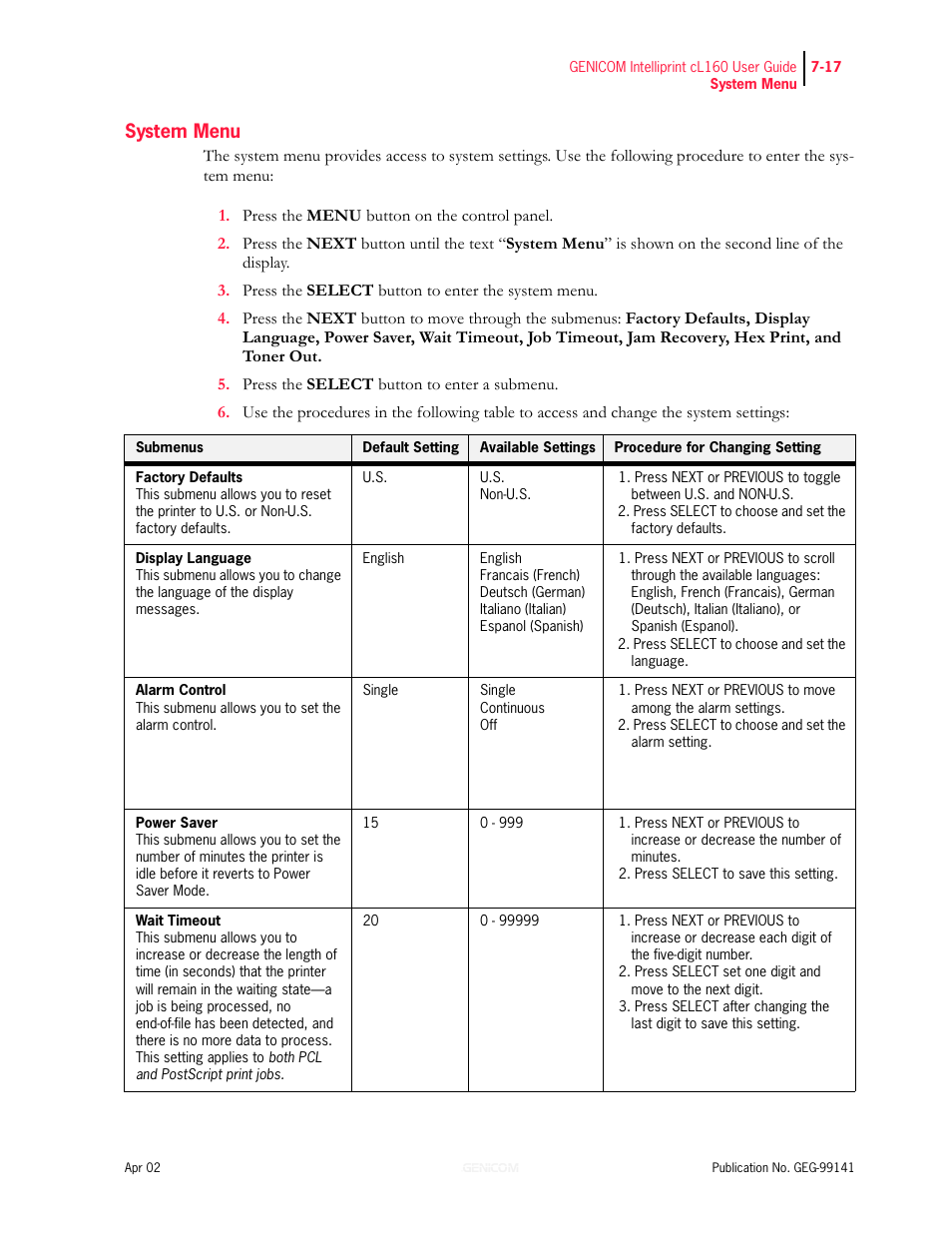 System menu, System menu 7-17 | Genicom cL160 User Manual | Page 167 / 216