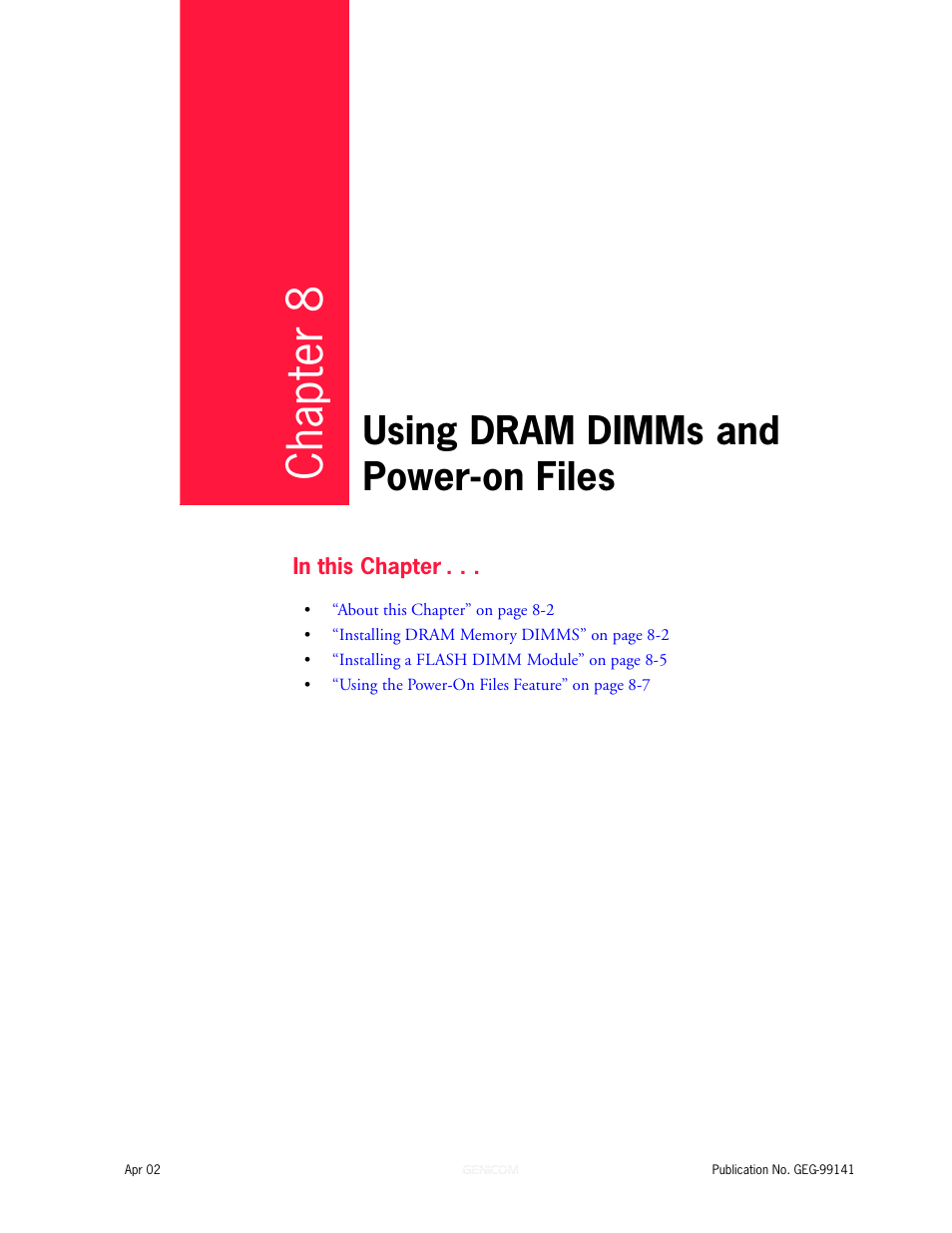 Using dram dimms and power-on files, Chapter 8, Using dram dimms and power-on files 8-1 | Genicom cL160 User Manual | Page 179 / 216