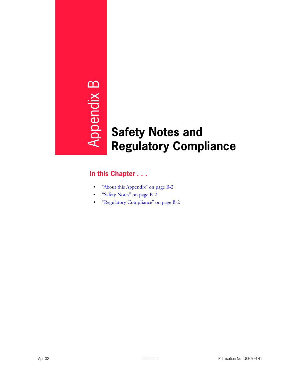 Safety notes and regulatory compliance, Appendix b, Safety notes and regulatory compliance b-1 | Genicom cL160 User Manual | Page 195 / 216