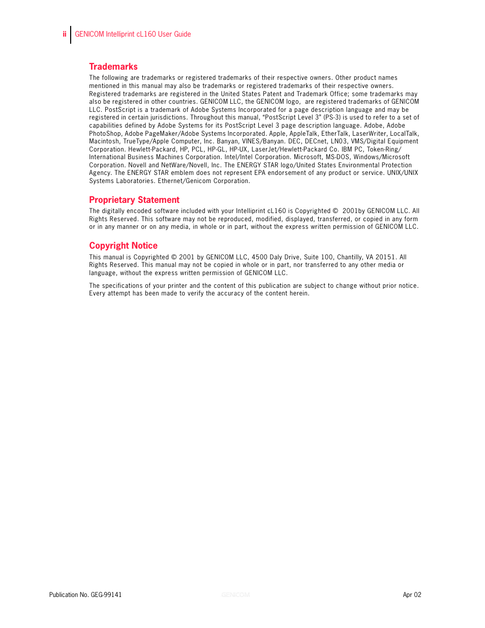 Trademarks, Proprietary statement, Copyright notice | Genicom cL160 User Manual | Page 2 / 216