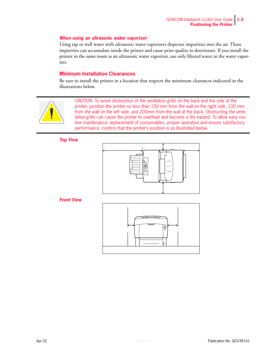 Minimum installation clearances 1-3 | Genicom cL160 User Manual | Page 23 / 216