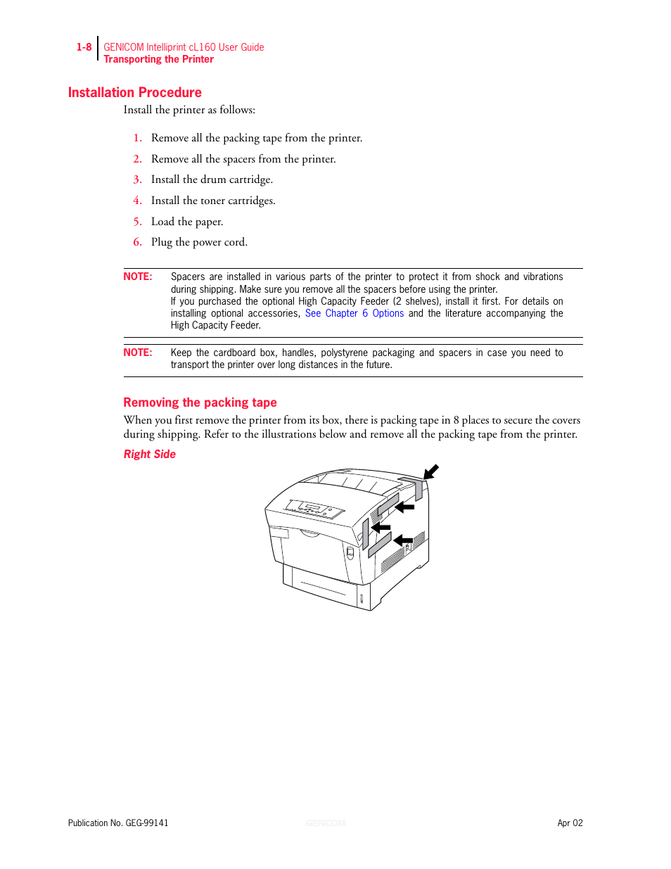 Installation procedure, Removing the packing tape 1-8 | Genicom cL160 User Manual | Page 28 / 216