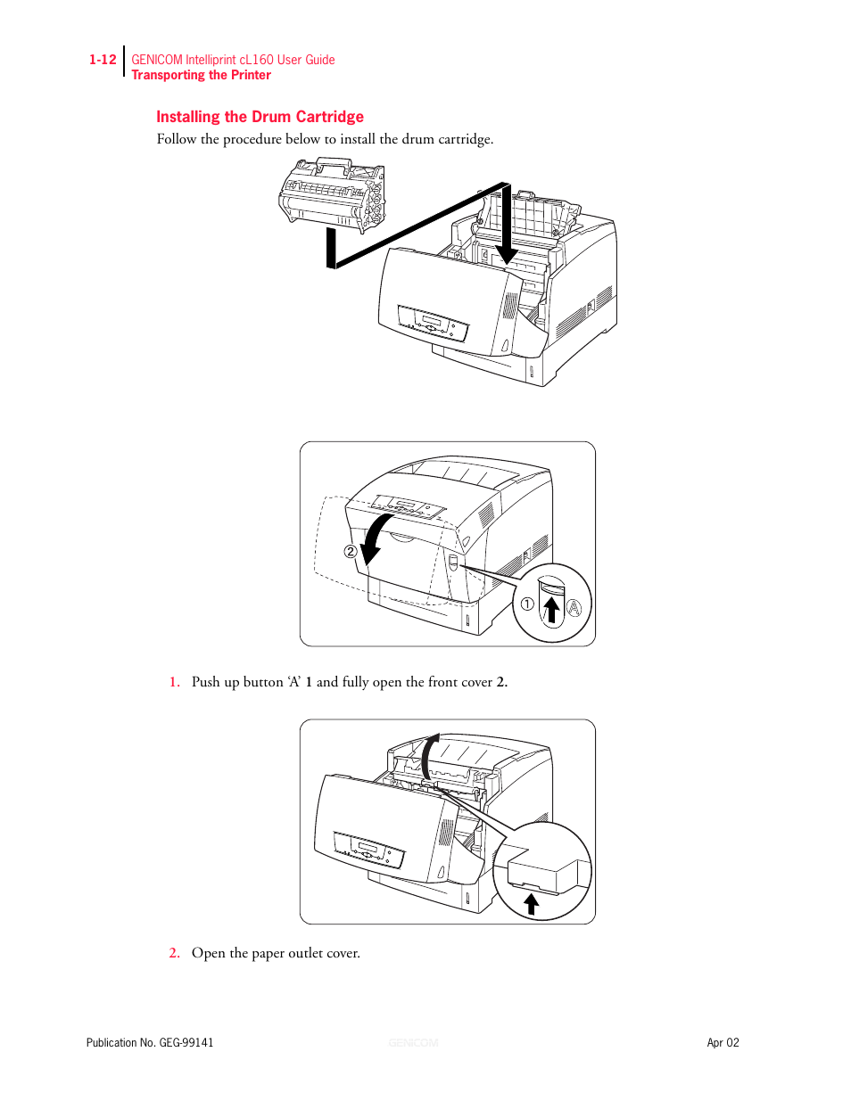 Installing the drum cartridge 1-12 | Genicom cL160 User Manual | Page 32 / 216