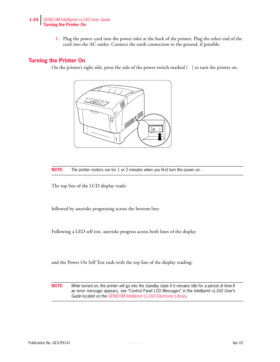 Turning the printer on, Turning the printer on 1-24 | Genicom cL160 User Manual | Page 44 / 216