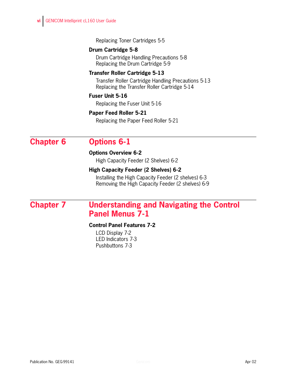 Chapter 6 options 6-1 | Genicom cL160 User Manual | Page 6 / 216