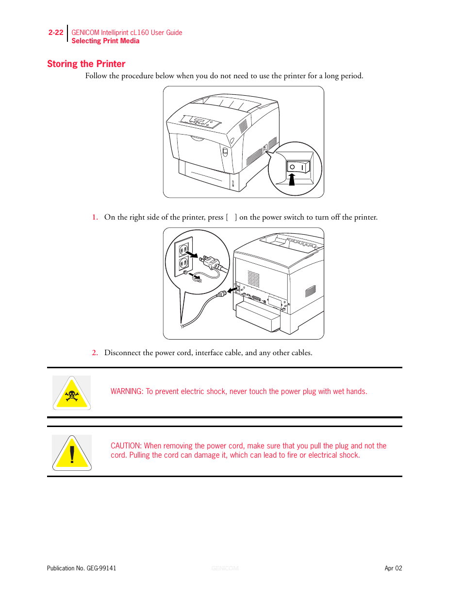 Storing the printer | Genicom cL160 User Manual | Page 74 / 216