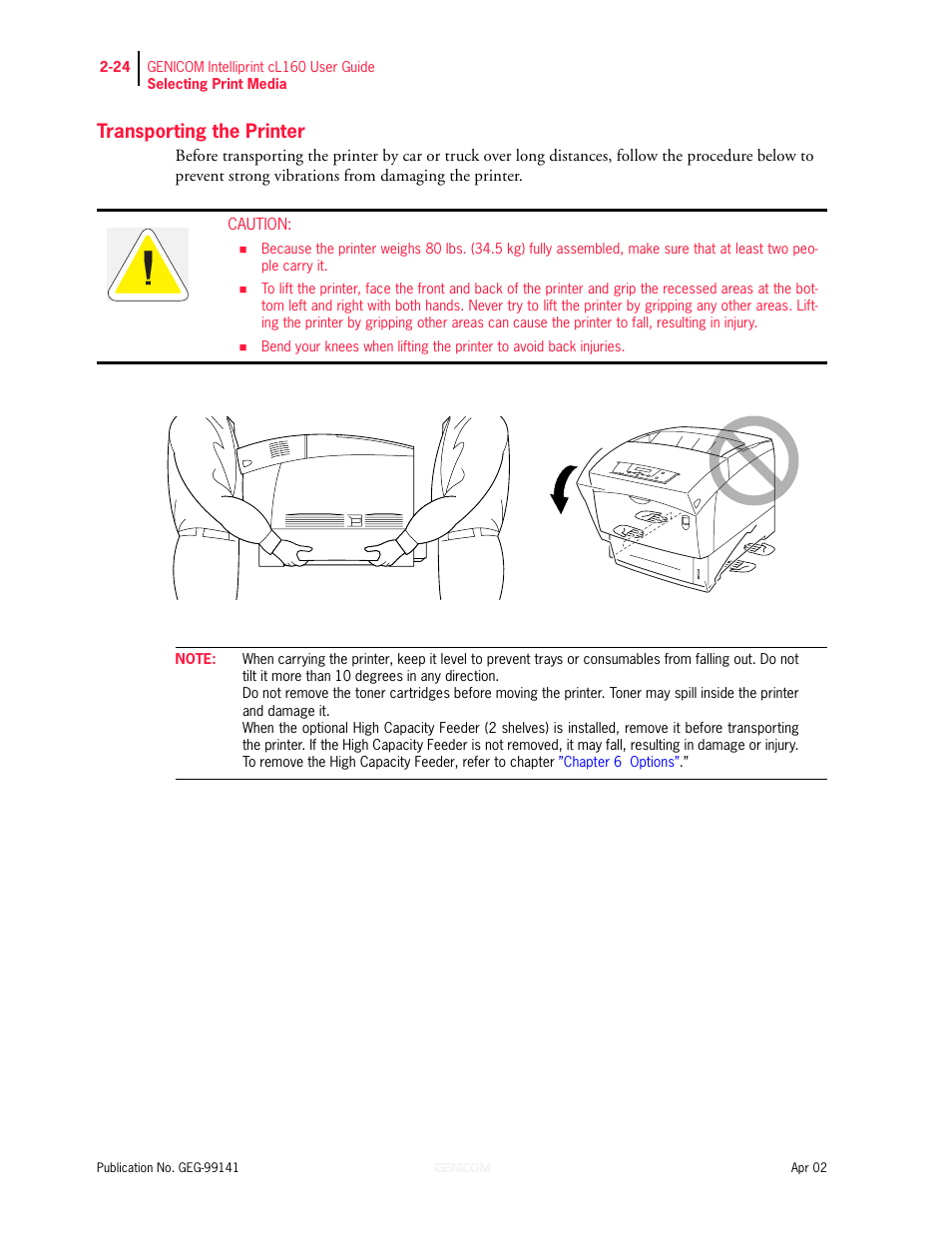 Transporting the printer | Genicom cL160 User Manual | Page 76 / 216