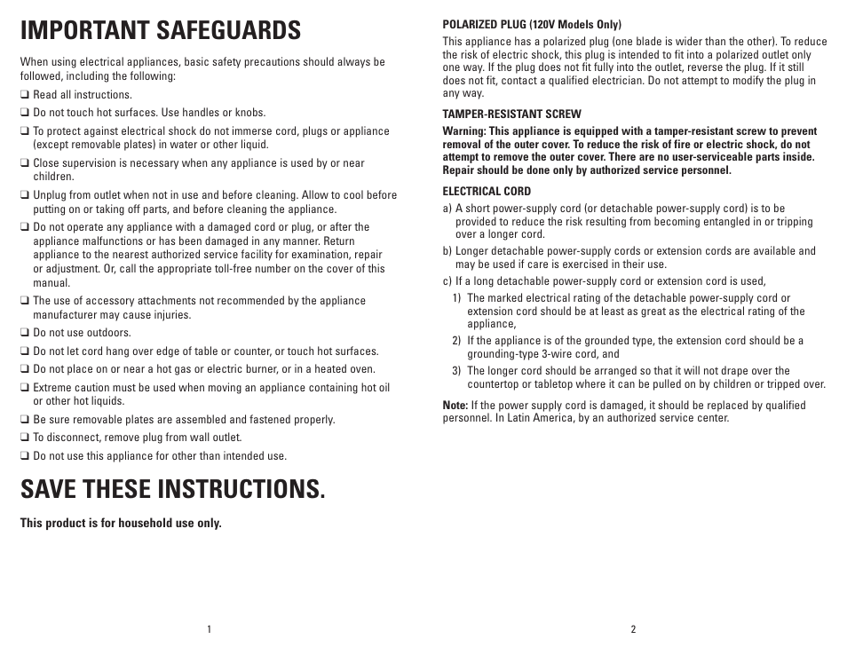 Important safeguards, Save these instructions | George Foreman GRP3 User Manual | Page 2 / 13