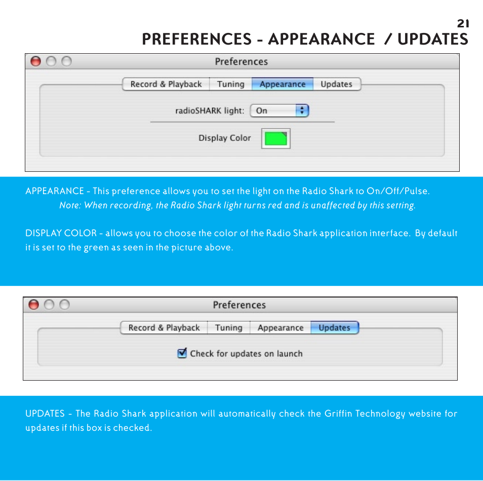Preferences - appearance/updates, Preferences - appearance / updates | Griffin Technology Radio Shark2.0 shark 2.0 User Manual | Page 21 / 26