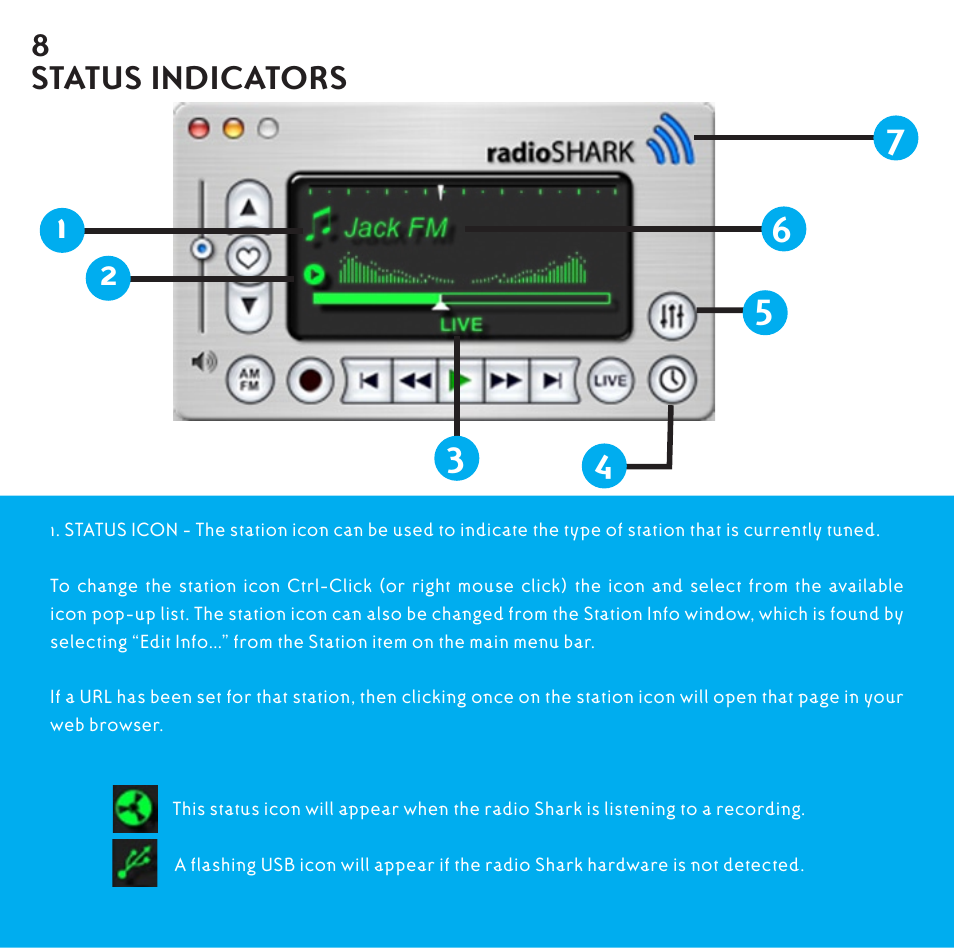 Status indicators, 8status indicators | Griffin Technology Radio Shark2.0 shark 2.0 User Manual | Page 8 / 26