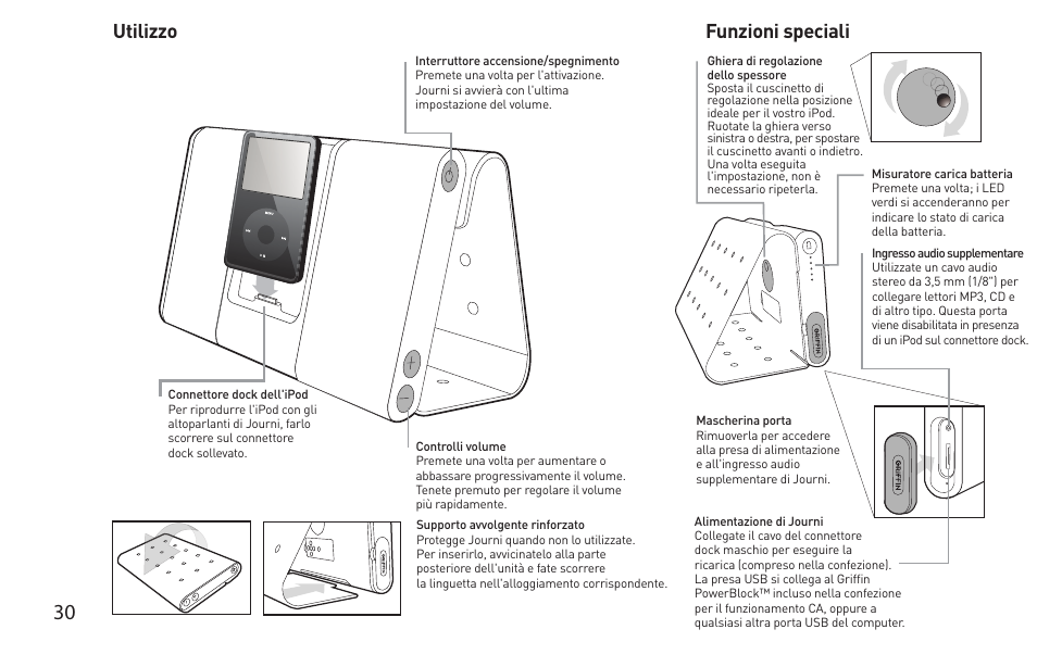 Utilizzo, Funzioni speciali | Griffin Technology Griffin TuneBuds Personal Mobile Speaker System User Manual | Page 30 / 42