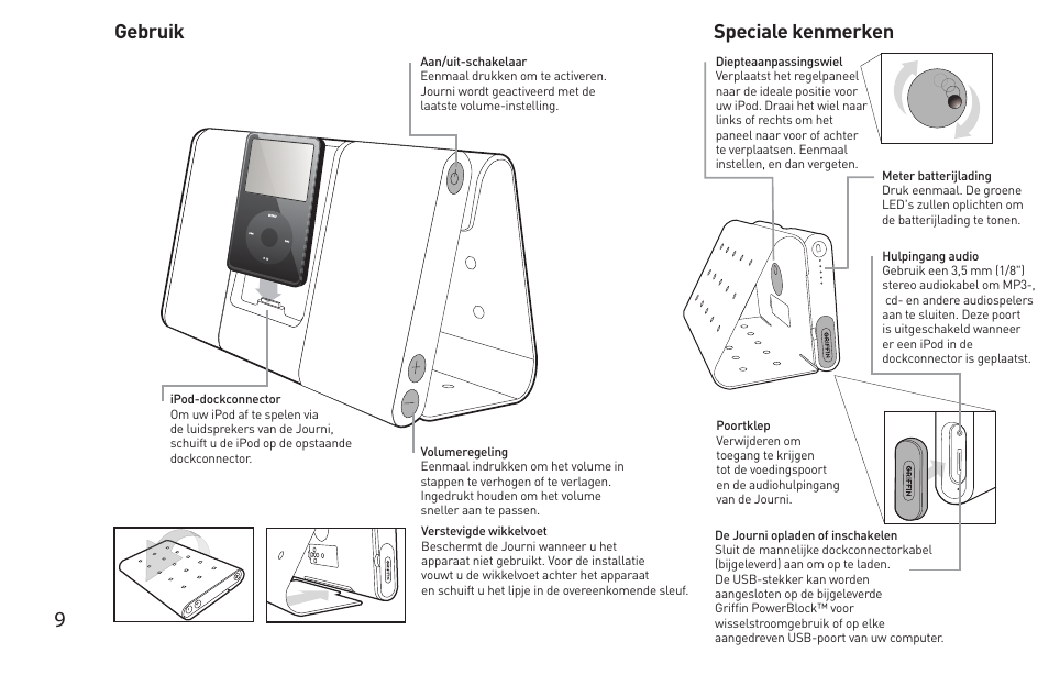 Gebruik, Speciale kenmerken | Griffin Technology Griffin TuneBuds Personal Mobile Speaker System User Manual | Page 9 / 42