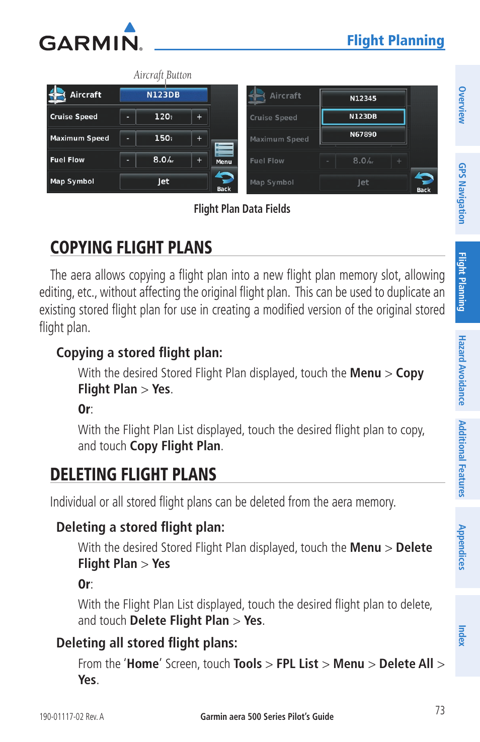 Copying flight plans, Deleting flight plans, Copying flight plans deleting flight plans | Flight planning | Garmin aera 500 User Manual | Page 85 / 202