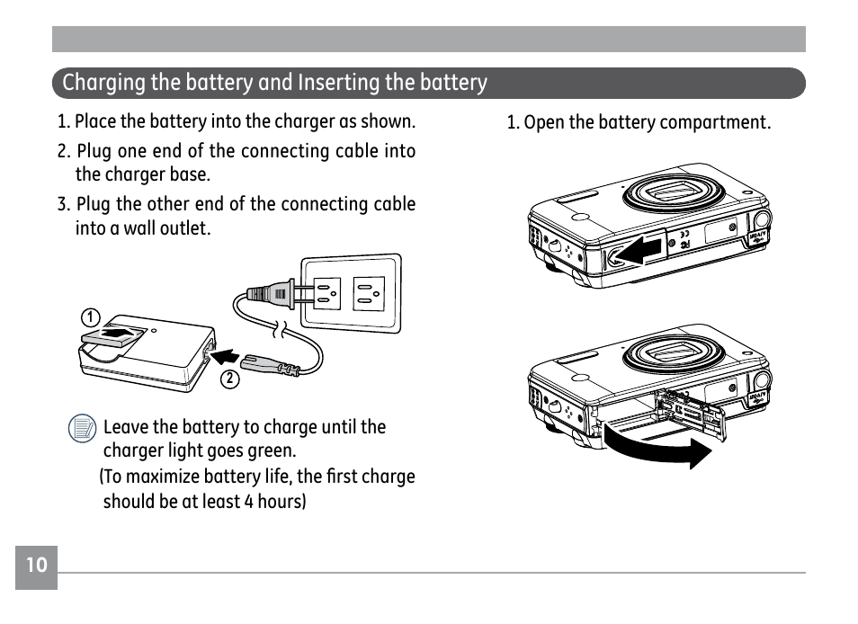 Charging the battery and inserting the battery | GE H855 User Manual | Page 14 / 90
