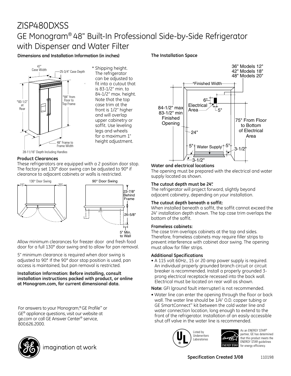 GE MONOGRAM ZISP480DXSS User Manual | 2 pages