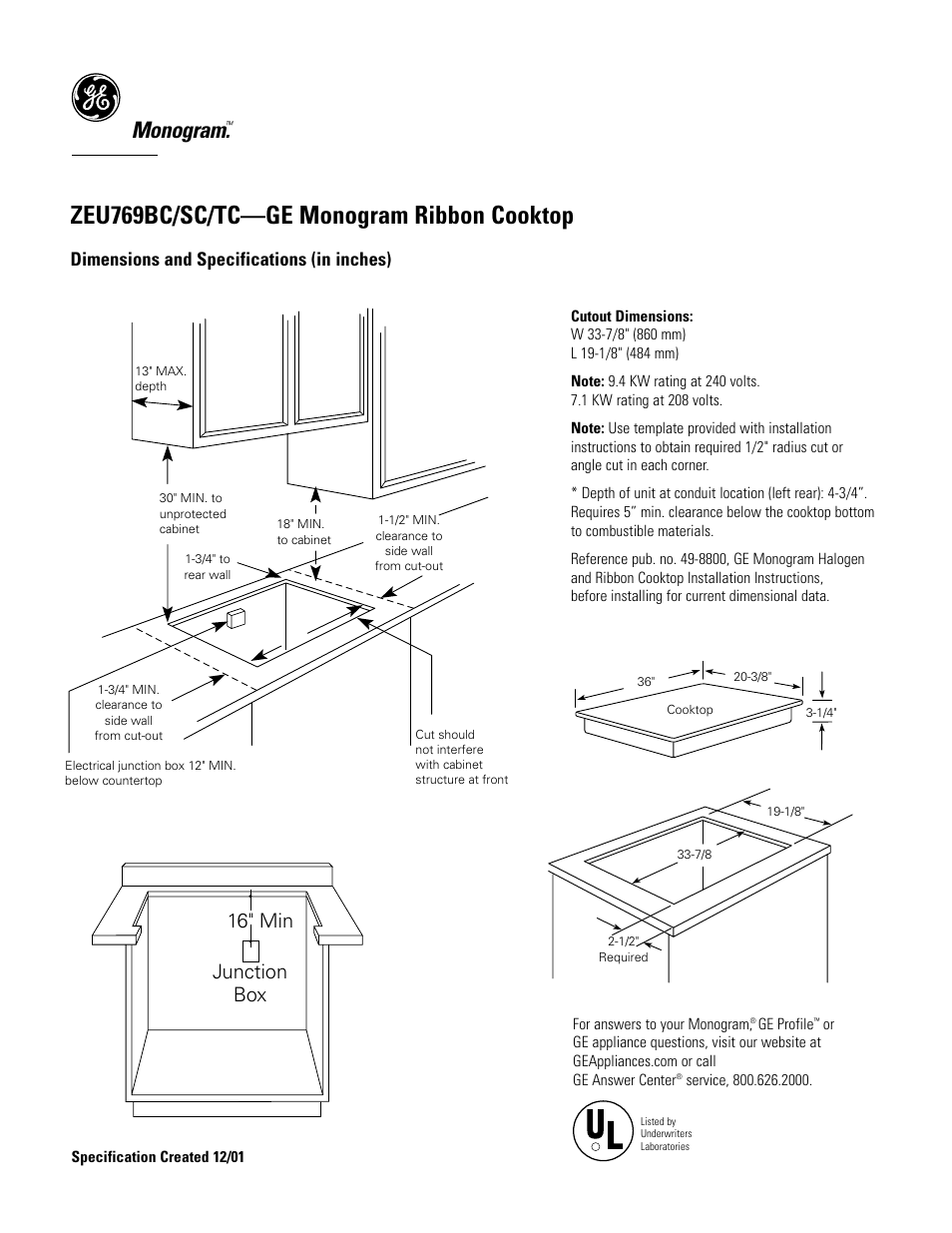 GE Monogram ZEU769TC User Manual | 2 pages
