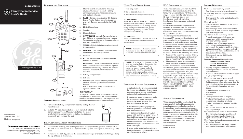 GE Sedona Series User Manual | 1 page