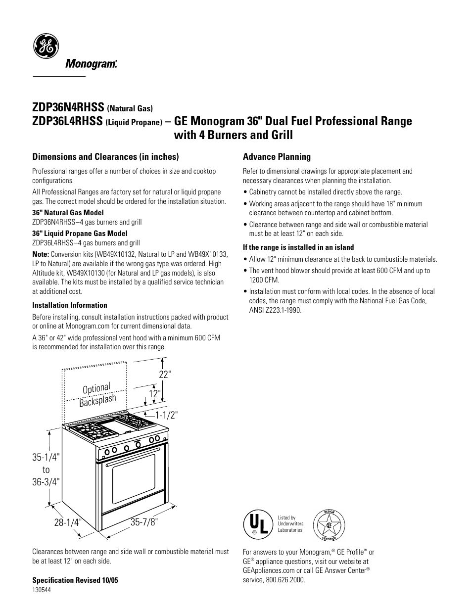 GE ZDP36L4RHSS4 User Manual | 3 pages