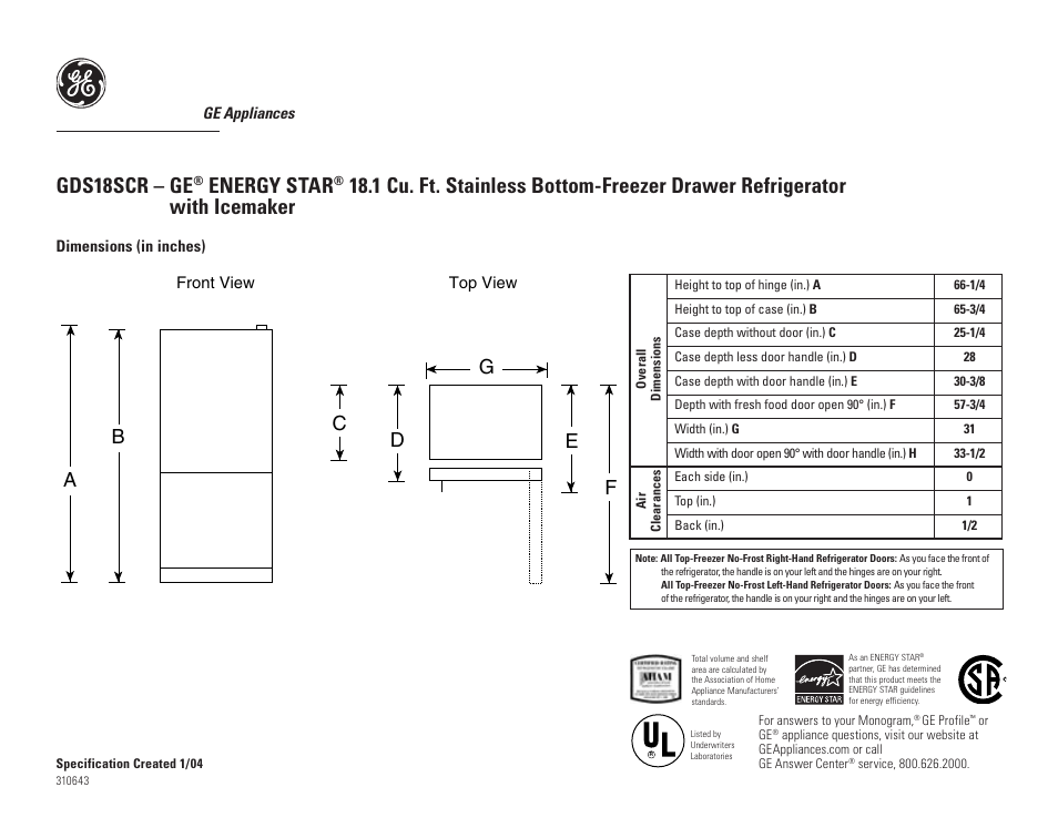 GE Energy Star GDS18SCR User Manual | 2 pages
