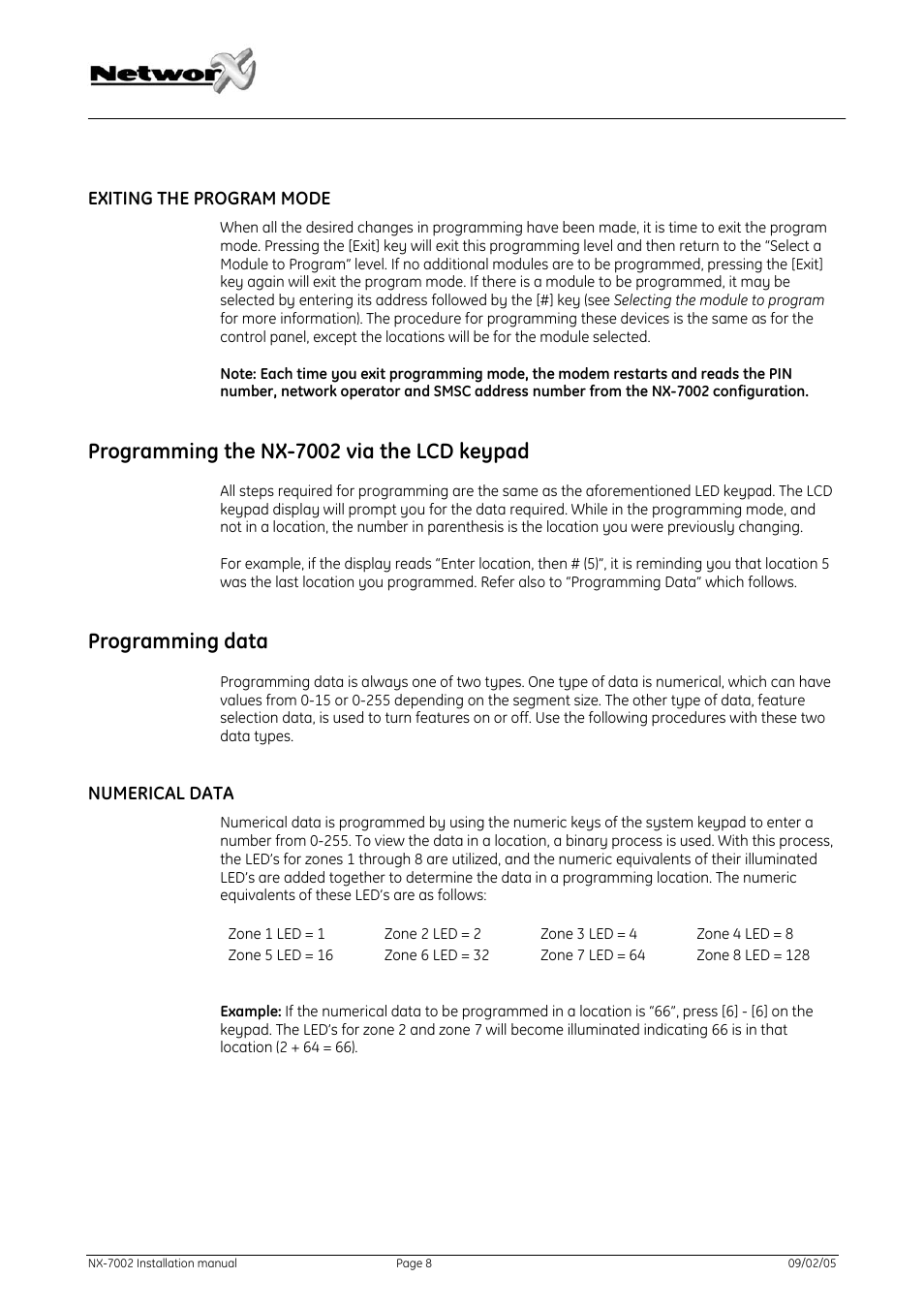 Exiting the program mode, Programming the nx-7002 via the lcd keypad, Programming data | Numerical data, Rogramming the, Nx-7002, Via the, Keypad, Rogramming data | GE NetworX NX-7002 User Manual | Page 8 / 39