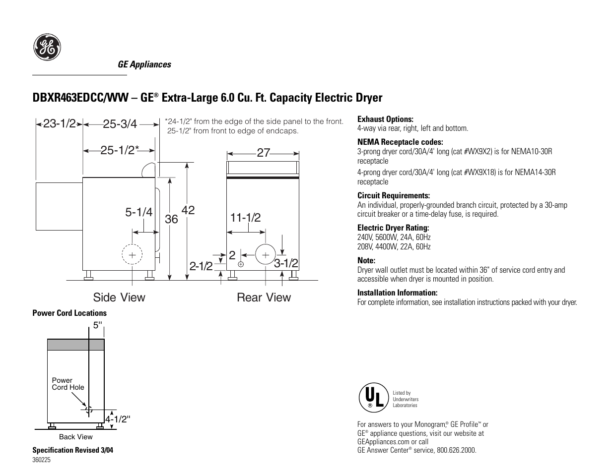 GE DBXR463EDCC/WW User Manual | 3 pages