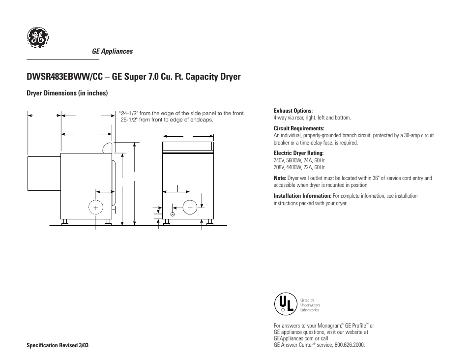 GE SUPER DWSR483EBWW/CC User Manual | 3 pages
