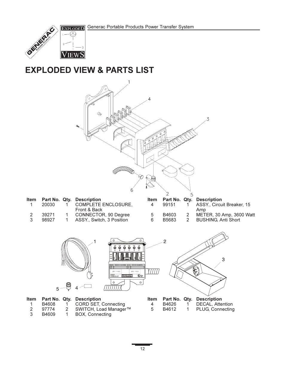 Exploded view & parts list | Generac 1403-0 User Manual | Page 12 / 16