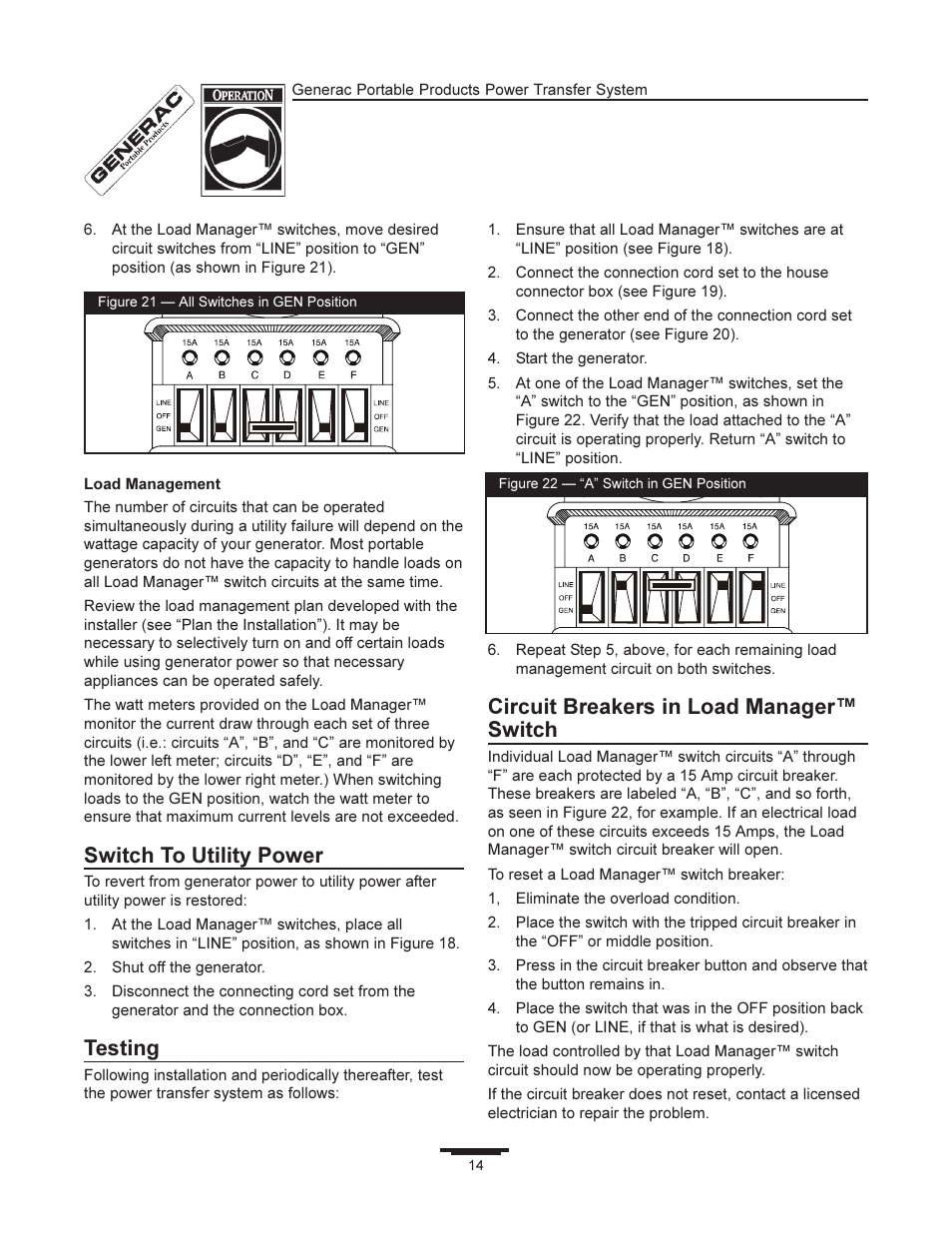 Switch to utility power, Testing, Circuit breakers in load manager switch | Generac 1403-0 User Manual | Page 14 / 16