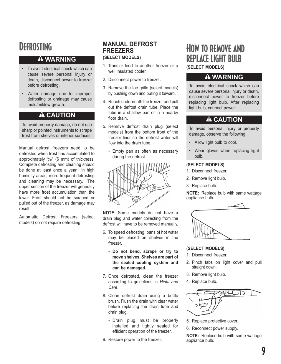 How to remove and replace light bulb, Defrosting, Caution | Warning, Manual defrost freezers | Maytag Upright Freezers User Manual | Page 9 / 48
