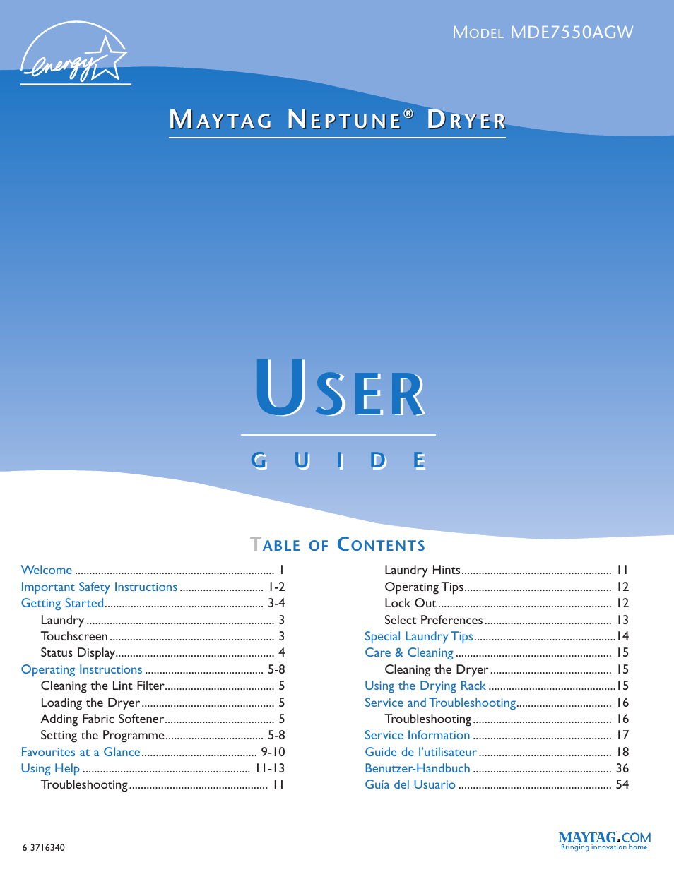 Maytag MDE7550AGW User Manual | 72 pages