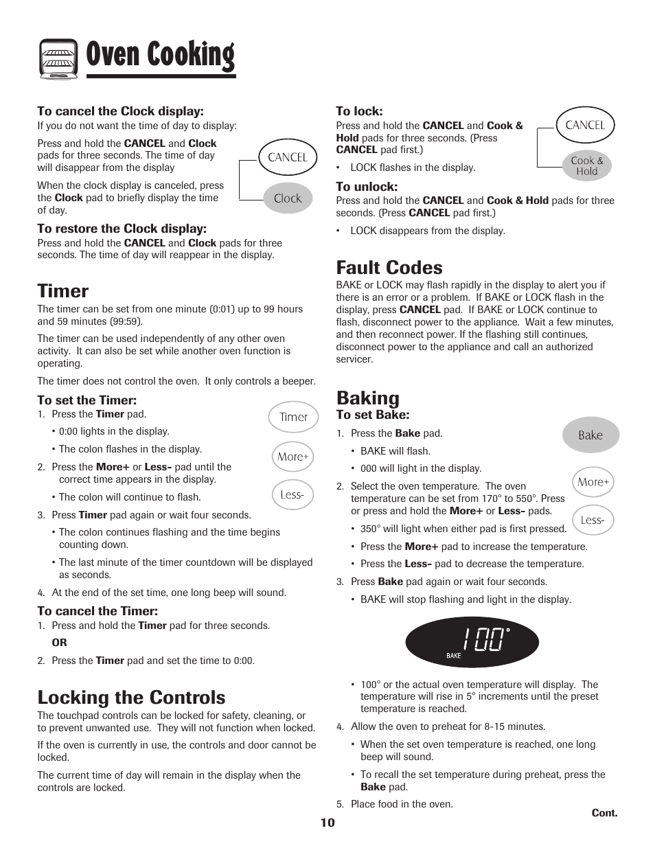 Oven cooking, Timer, Locking the controls | Fault codes, Baking | Maytag 500 Series User Manual | Page 11 / 24