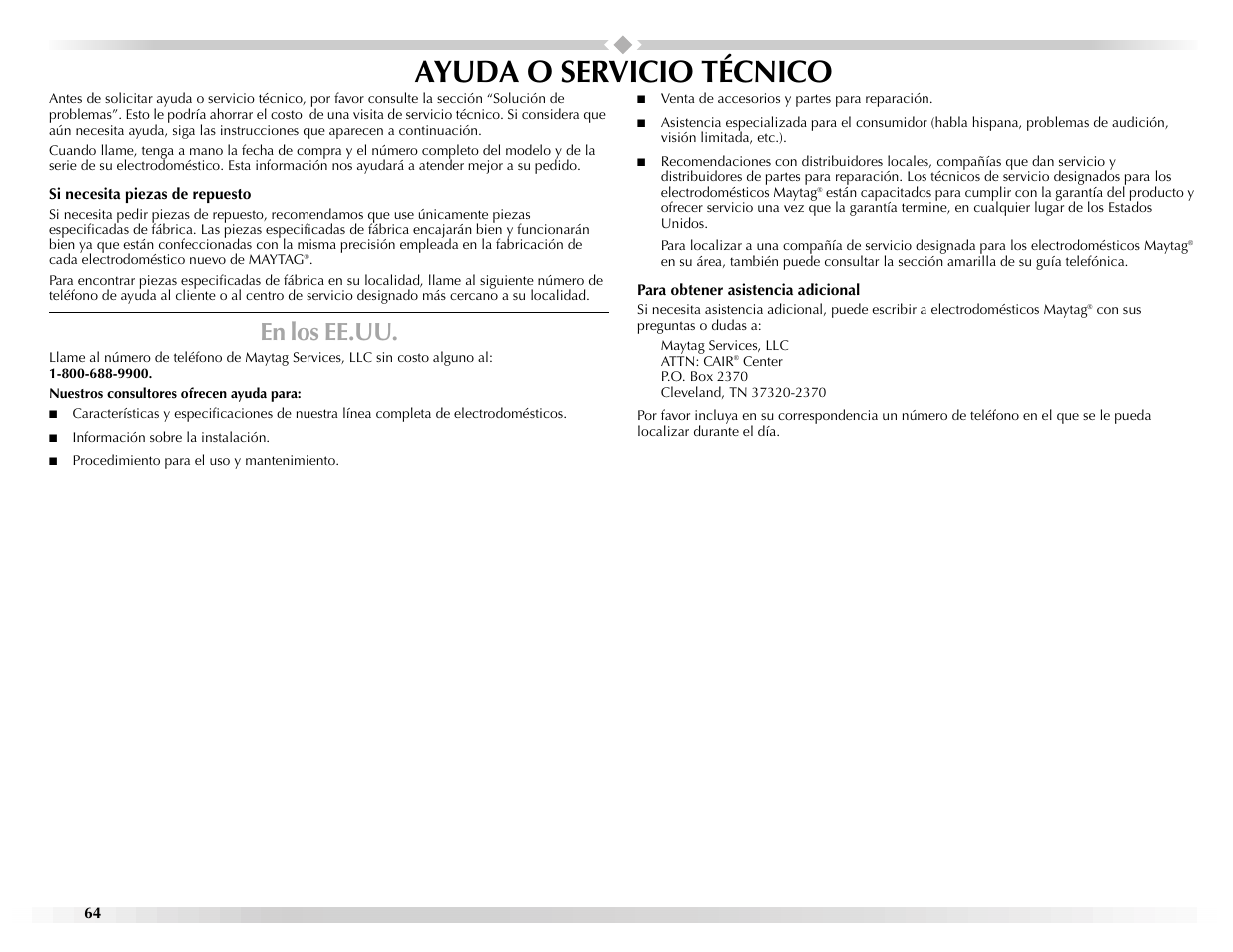 Ayuda o servicio técnico, En los ee.uu | Maytag EPIC Z W10112937B User Manual | Page 64 / 92