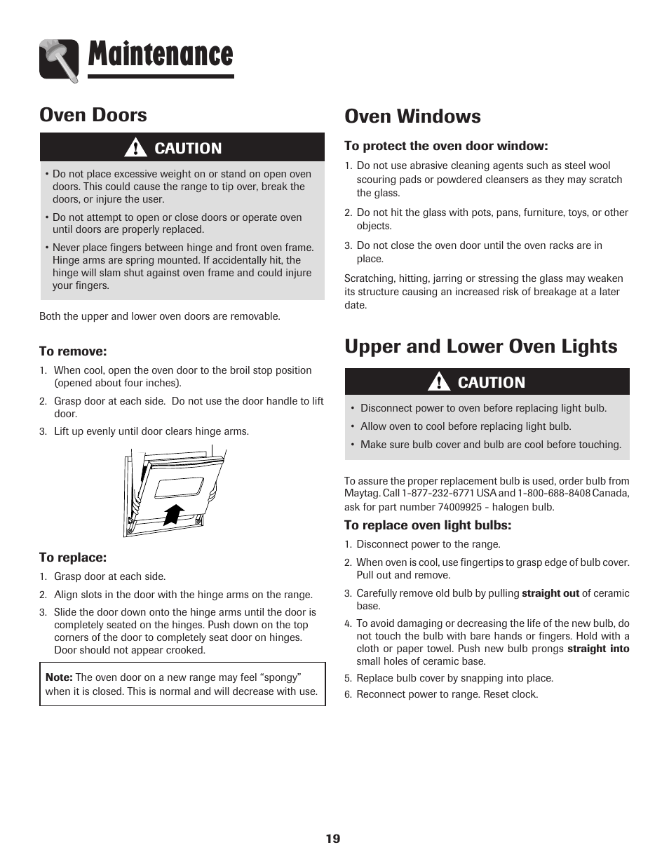 Maintenance, Oven doors oven windows, Upper and lower oven lights | Caution | Maytag MGR6751BDW User Manual | Page 20 / 76