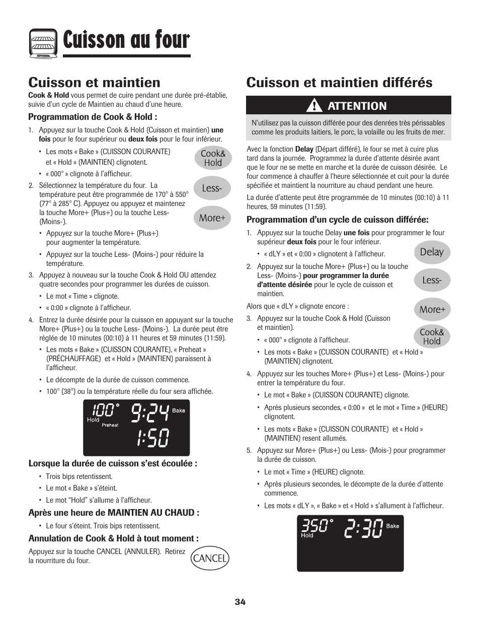 Cuisson au four, Cuisson et maintien différés, Cuisson et maintien | Attention | Maytag MGR6751BDW User Manual | Page 35 / 76