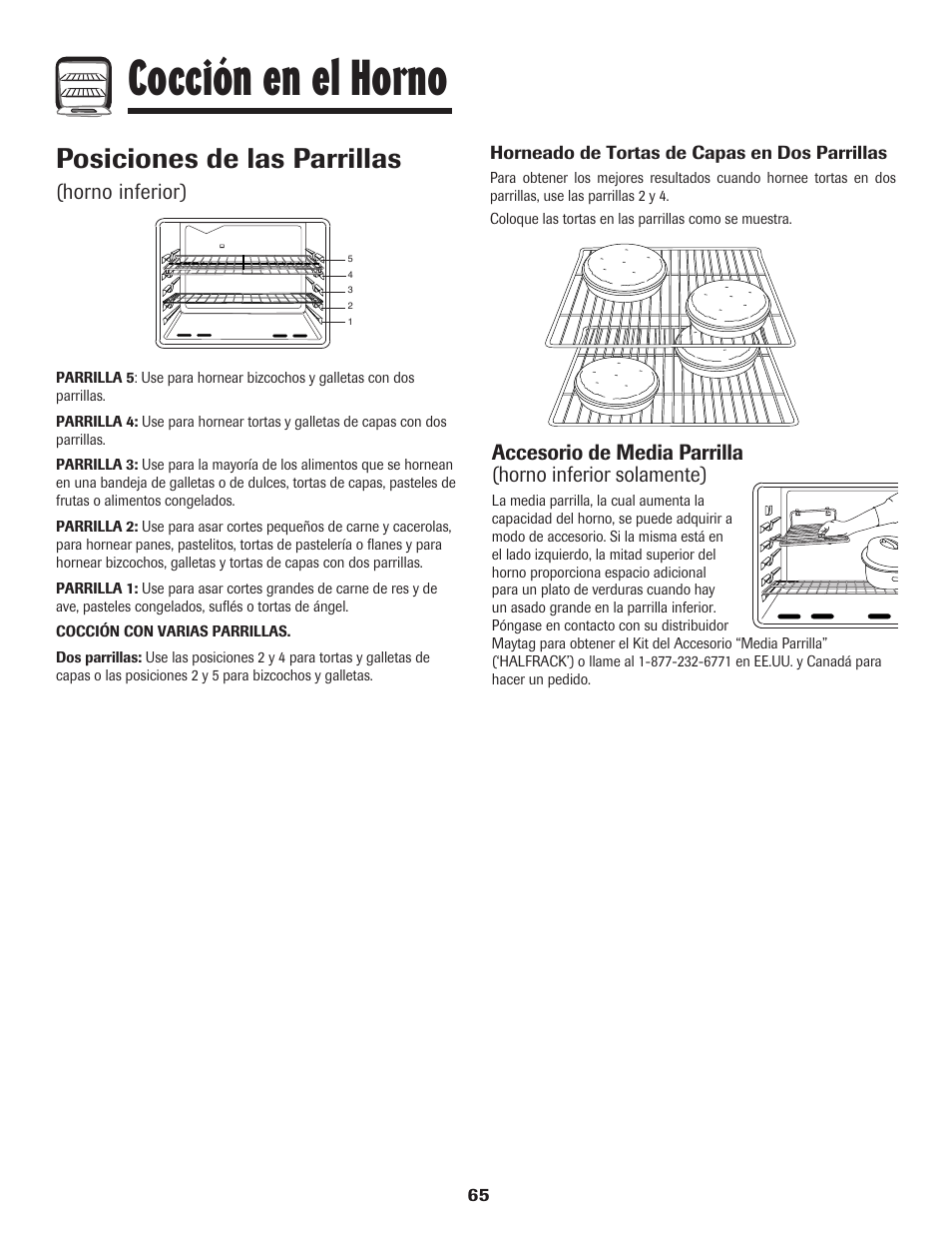 Cocción en el horno, Posiciones de las parrillas, Horno inferior) | Maytag MGR6751BDW User Manual | Page 66 / 76