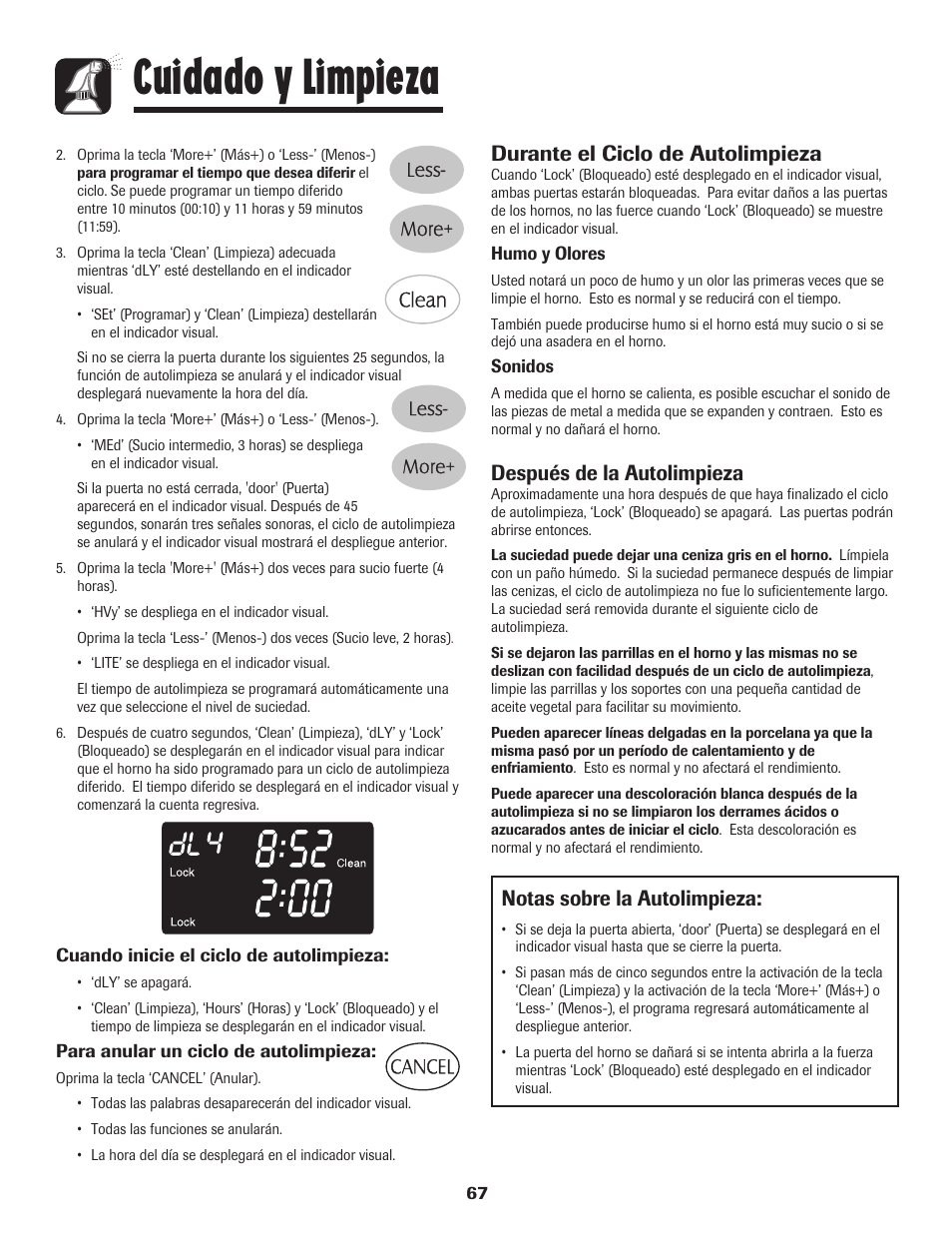 Cuidado y limpieza, Notas sobre la autolimpieza, Durante el ciclo de autolimpieza | Después de la autolimpieza | Maytag MGR6751BDW User Manual | Page 68 / 76