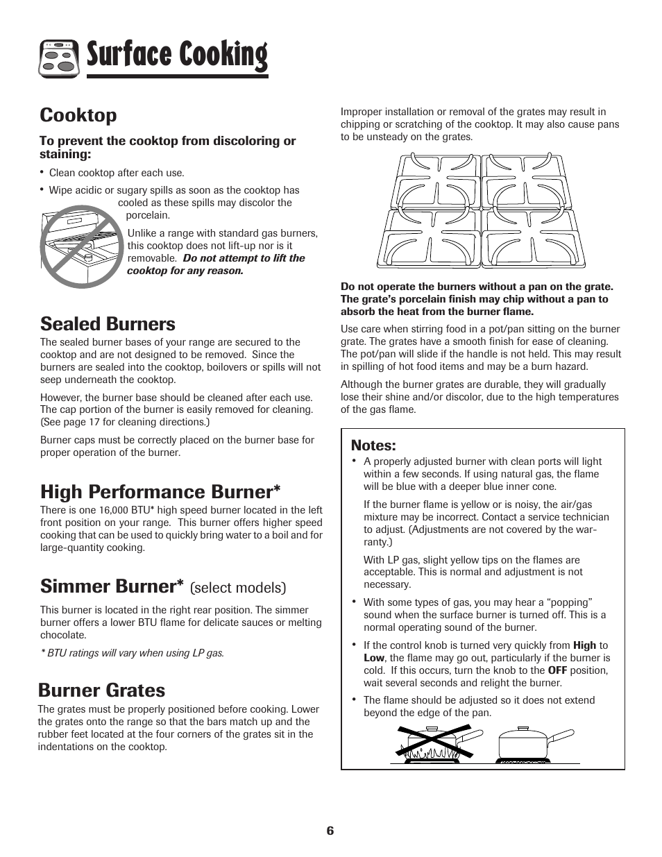 Surface cooking, Cooktop, Sealed burners | High performance burner, Simmer burner, Burner grates | Maytag MGR6751BDW User Manual | Page 7 / 76