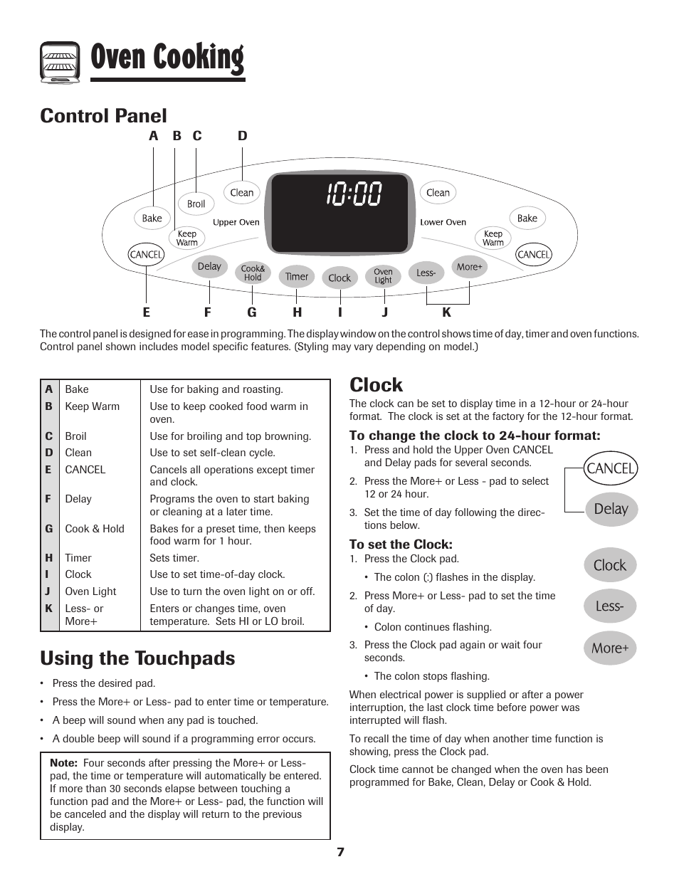 Oven cooking, Control panel, Using the touchpads | Clock | Maytag MGR6751BDW User Manual | Page 8 / 76
