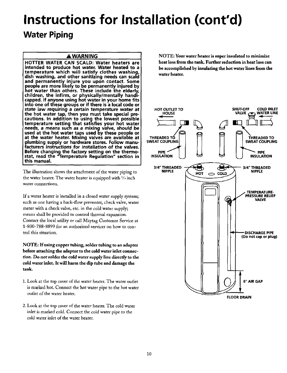 Instructions for installation (cont'd), Water piping, Instructions for installation | Maytag HE21250PC User Manual | Page 10 / 40