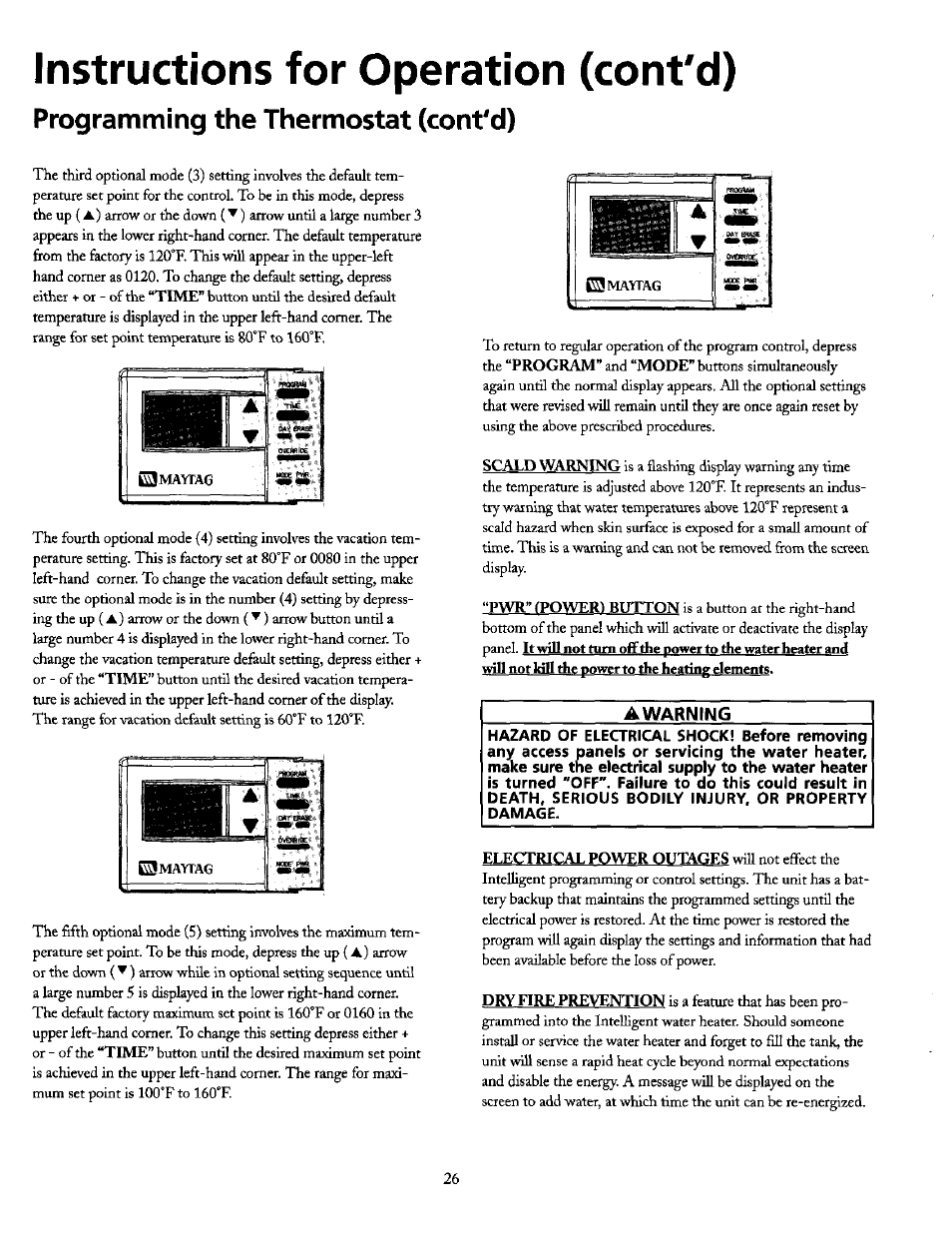 Instructions for operation (cont'd), Programming the thermostat (cont'd) | Maytag HE21250PC User Manual | Page 26 / 40