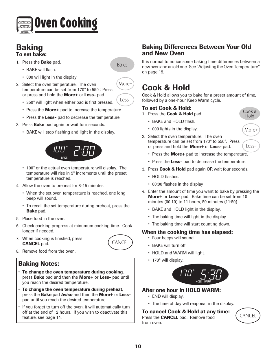 Oven cooking, Baking, Cook & hold | Baking differences between your old and new oven | Maytag MGR5775QDW User Manual | Page 11 / 84